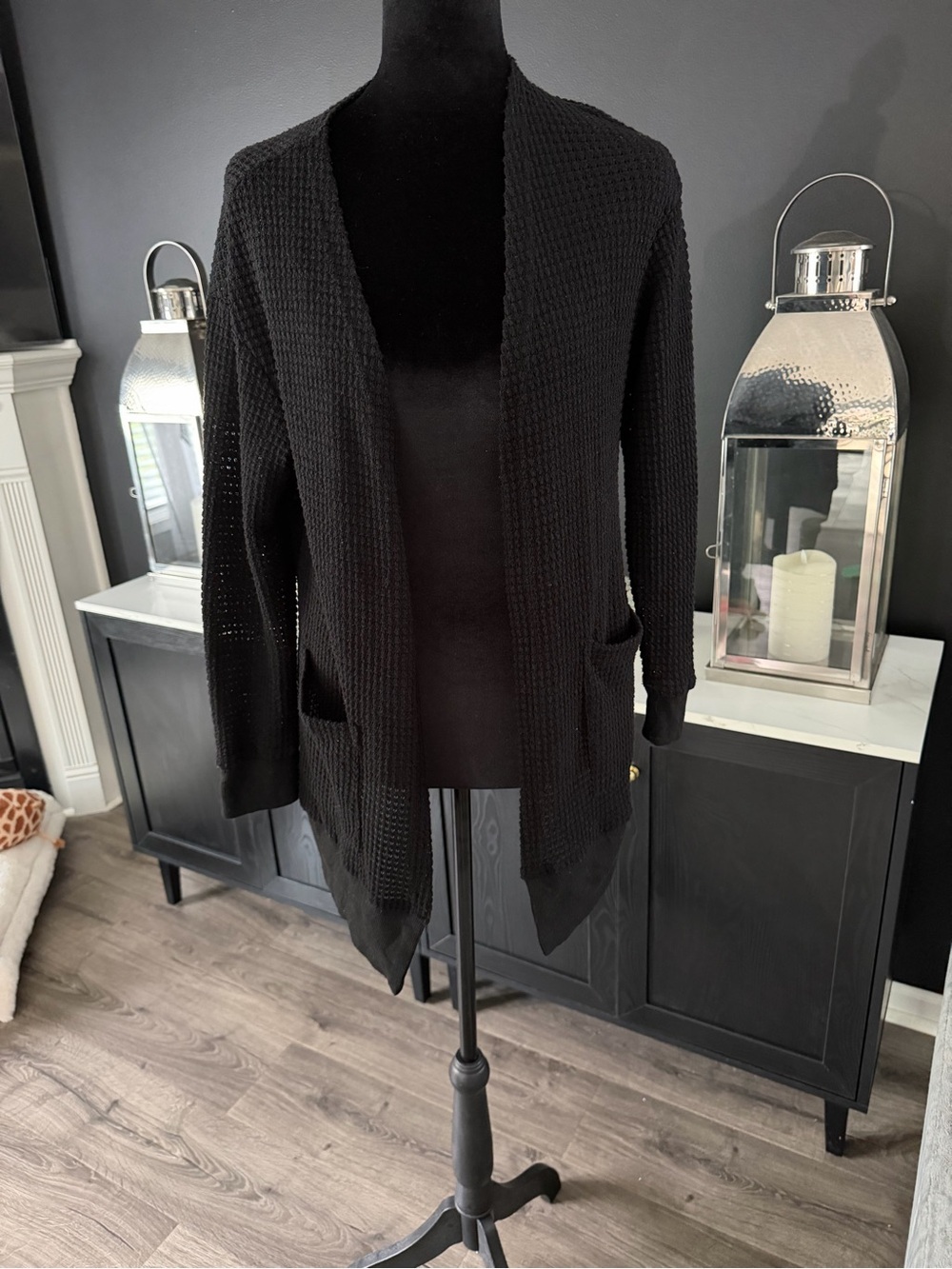 Black Waffle Knit Open Front Cardigan Sweater Size Small - Picture 2 of 6